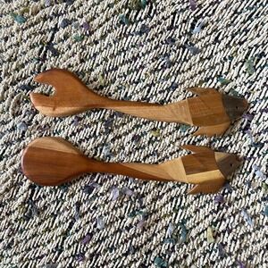 Artisan Crafted Wooden Fish Salad Servers Spoon & Fork‎ Set Unique Kitchen VTG